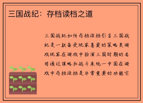 三国战纪：存档读档之道