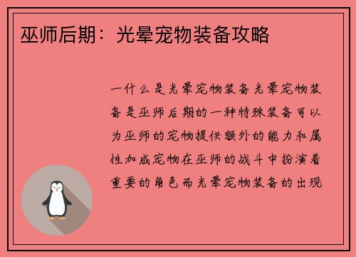 巫师后期：光晕宠物装备攻略